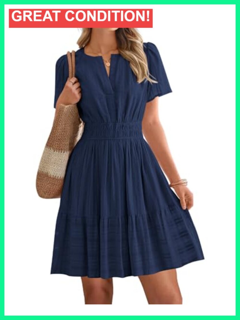 Women's Mini Casual Boho Beach Dress with Pockets Short Sleeve V-Neck